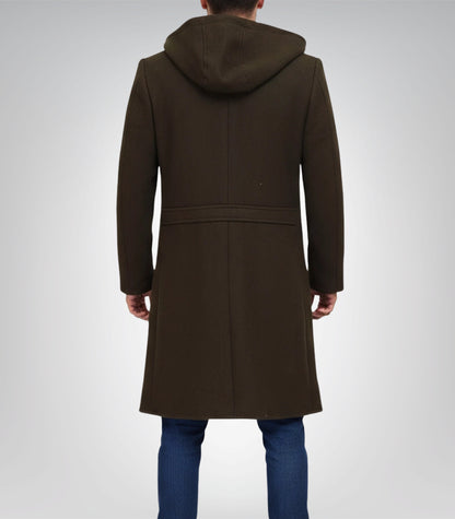 Delbert Men’s Long Olive Wool Coat Hooded Zip-Up Winter Overcoat