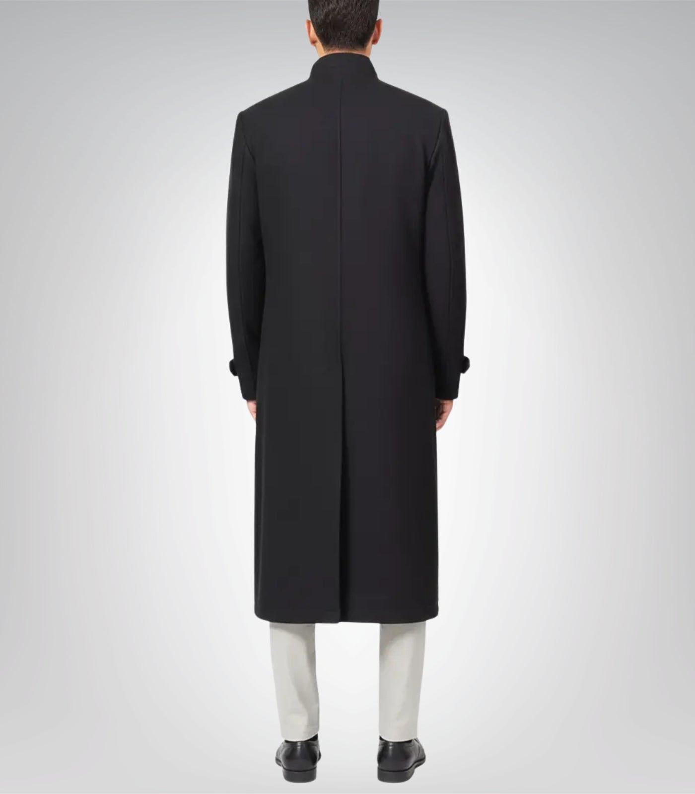 McGhee Men’s Black Wool Trench Coat Erect Collar Formal Overcoat