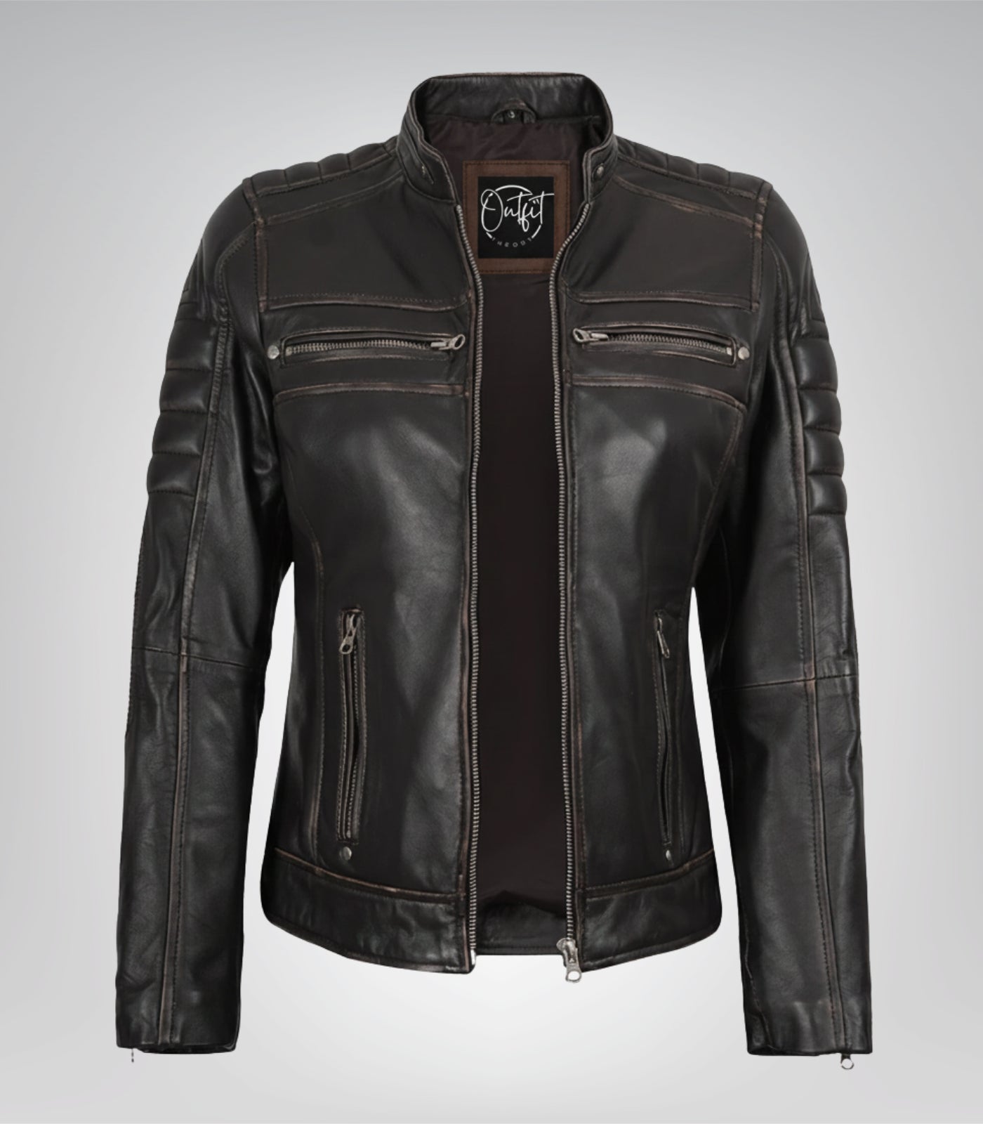 Distressed brown real leather motorcycle jacket for women