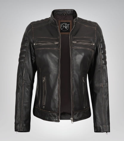 Distressed brown real leather motorcycle jacket for women