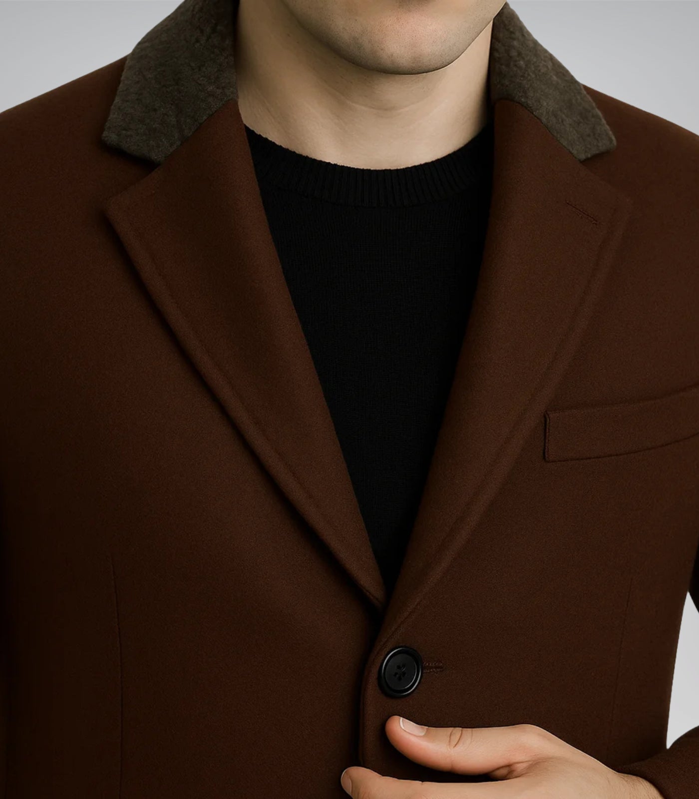 Chocolate brown wool winter overcoat for men with shearling collar by Javier