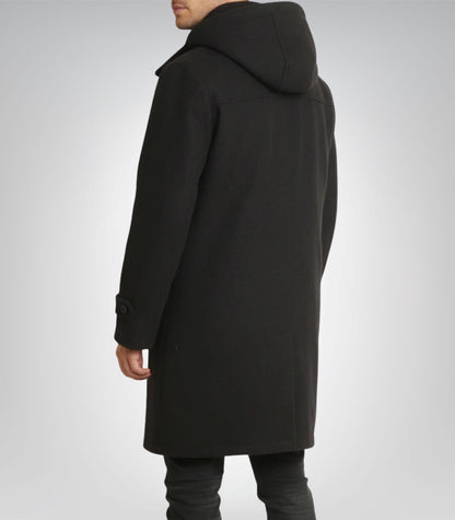 Bennie men’s premium black wool duffle coat featuring hood and toggles