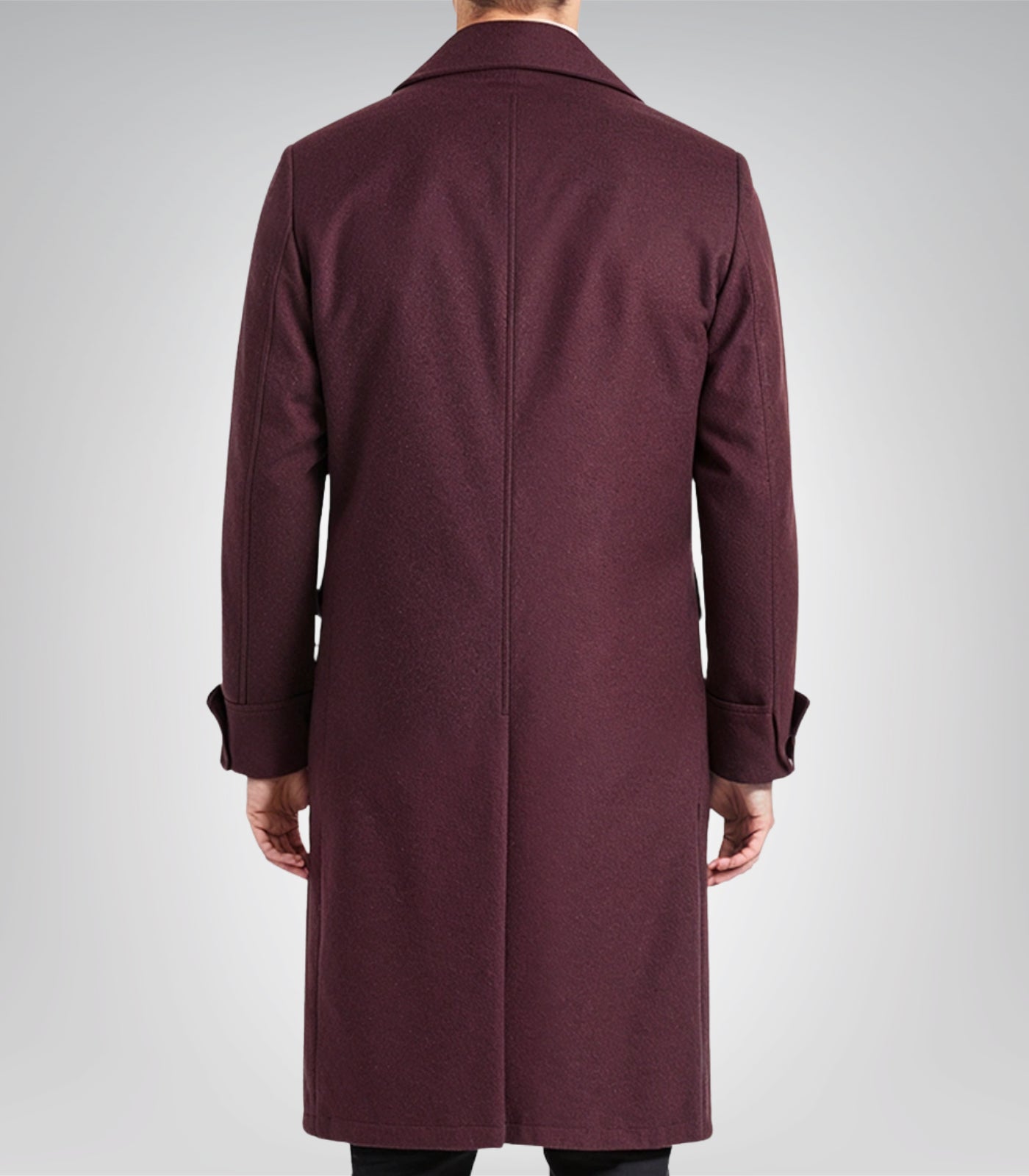 Burgundy wool double-breasted tailored overcoat for men by Luke