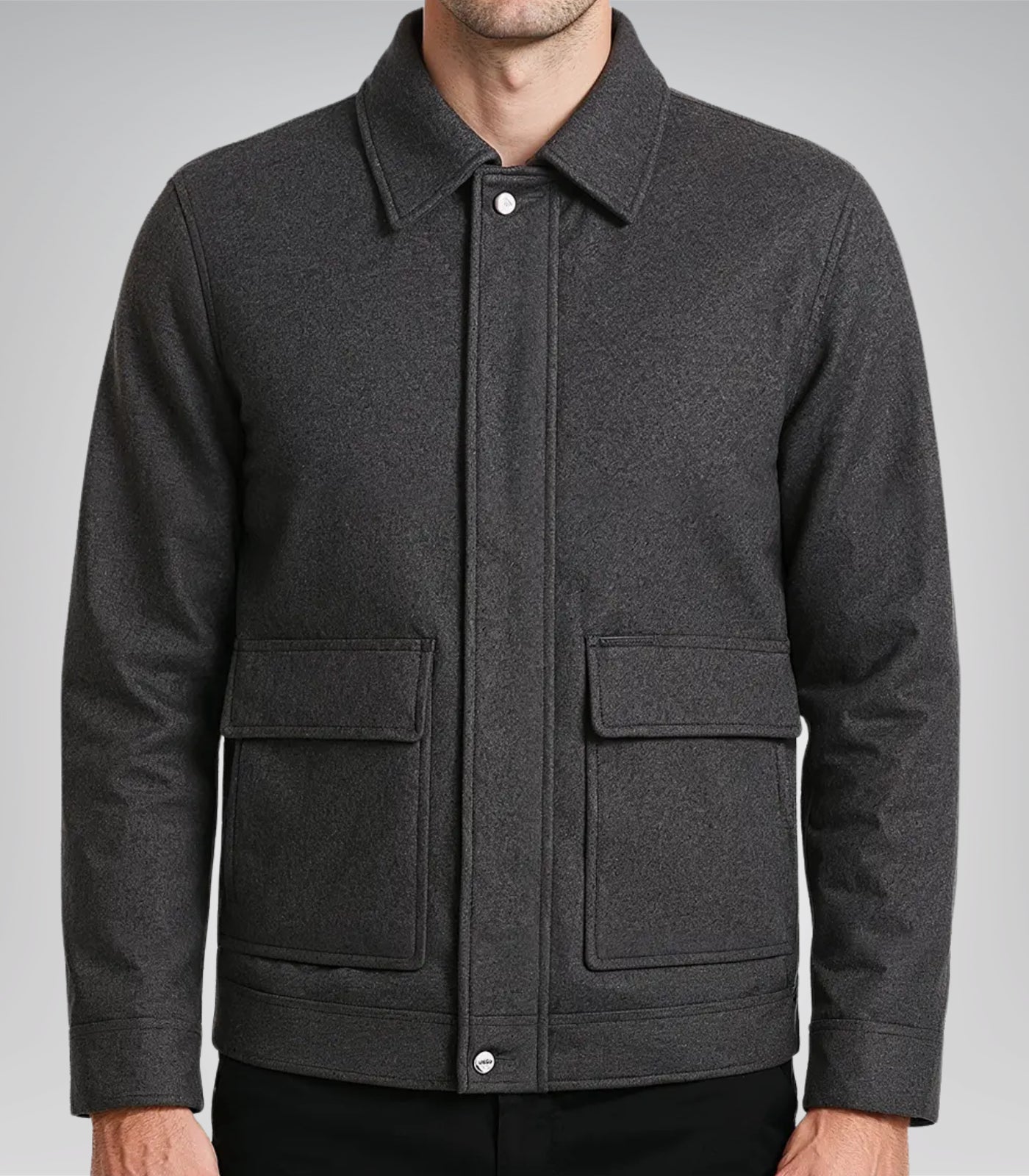 Charcoal grey wool zip-up winter jacket for men with shirt collar