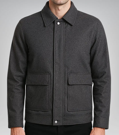 Charcoal grey wool zip-up winter jacket for men with shirt collar