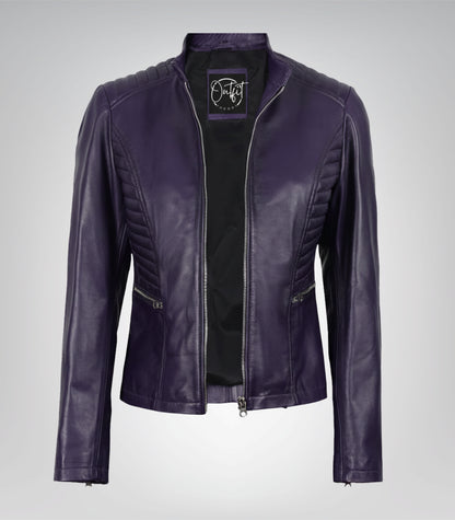Purple real leather motorcycle jacket for women