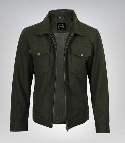 Olive green wool military-inspired winter coat for men