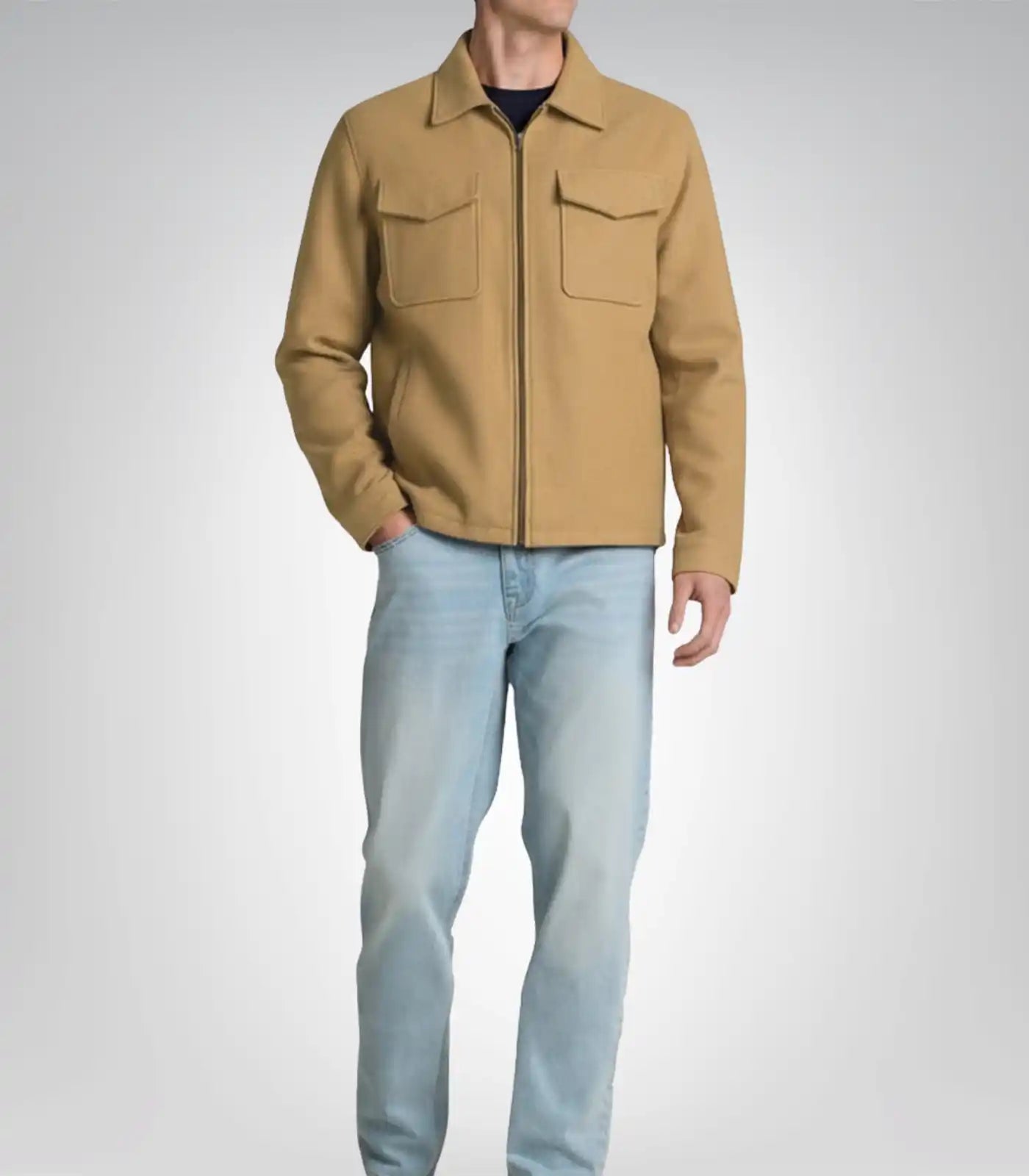 Men’s Camel Brown Wool Trucker Jacket with Zip Closure