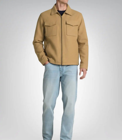 Men’s Camel Brown Wool Trucker Jacket with Zip Closure