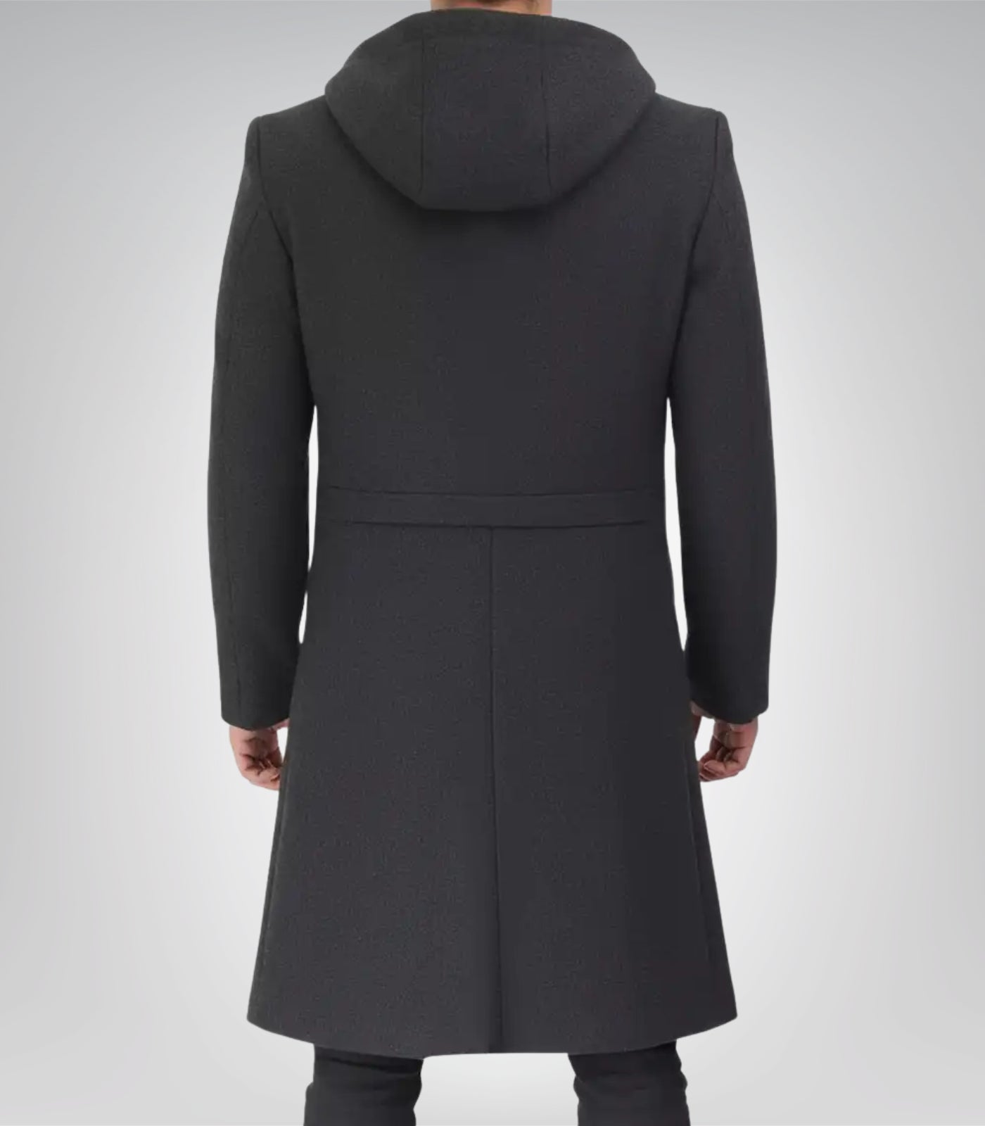 Men’s Gray Hooded Wool Overcoat Long Knee-Length Winter Coat with Zip Closure