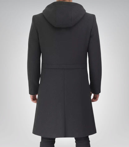 Men’s Gray Hooded Wool Overcoat Long Knee-Length Winter Coat with Zip Closure