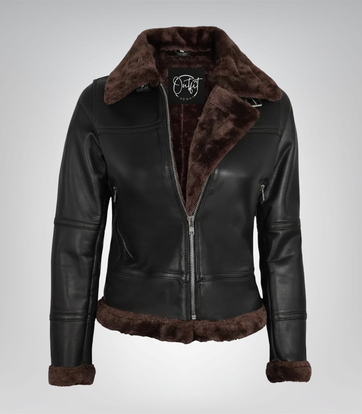 Dark brown real leather bomber jacket for women featuring shearling collar