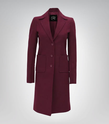 The Royale Women’s Burgundy Long Wool Coat Elegant Winter Outerwear