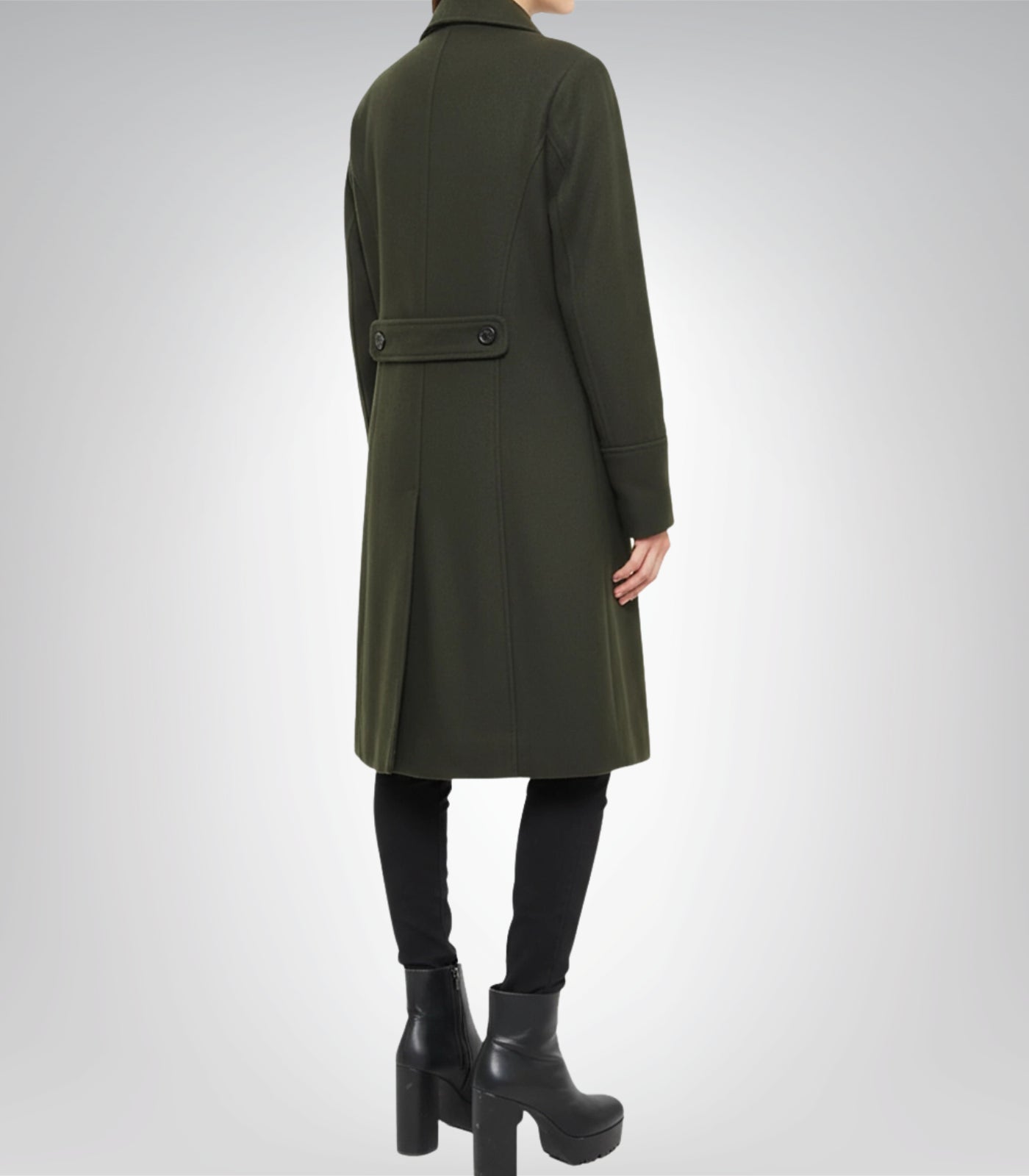 Women’s Olive Green Double-Breasted Wool Coat Knee-Length Winter Outerwear