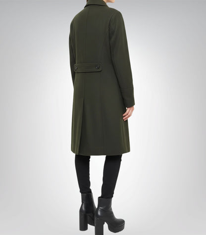 Women’s Olive Green Double-Breasted Wool Coat Knee-Length Winter Outerwear