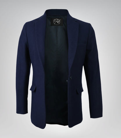 Women’s Navy Blue Wool Blazer with Notch Lapel Single Button Tailored Jacket