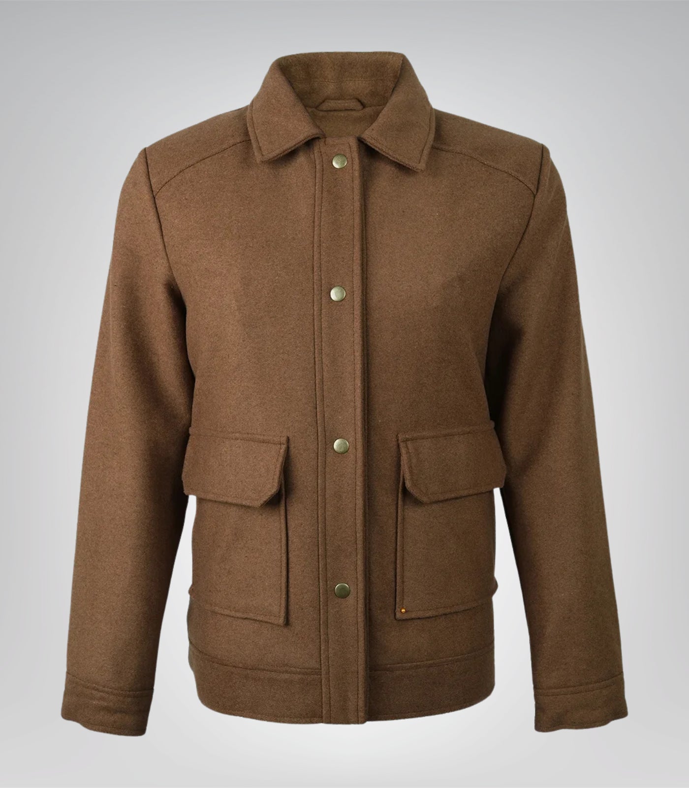 Women’s Brown Wool Utility Jacket Everyday Warm Layer with Snap Button Front