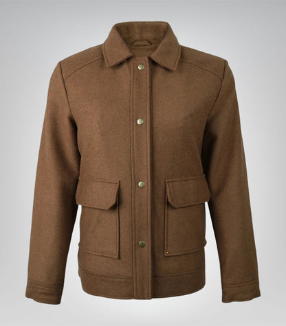 Women’s Brown Wool Utility Jacket Everyday Warm Layer with Snap Button Front
