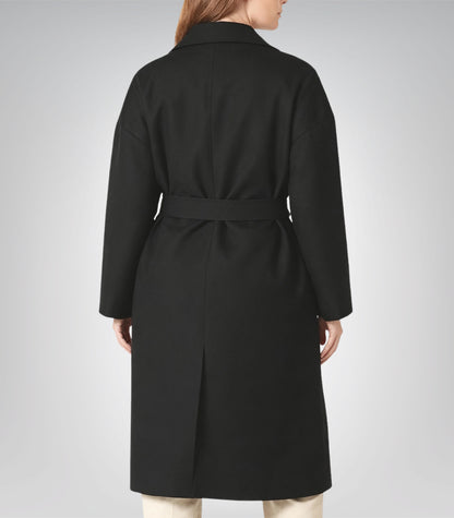 Genesis Women’s Black Oversized Long Wool Coat Relaxed Fit with Detachable Belt