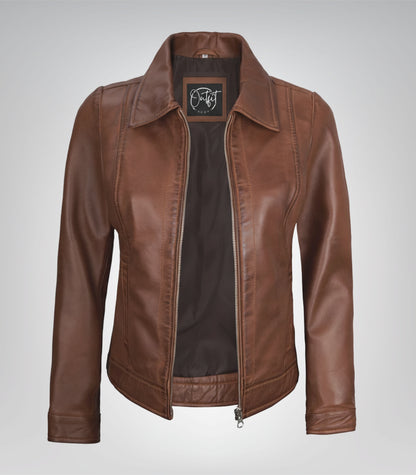 Cognac real leather Harrington jacket for women with classic collar
