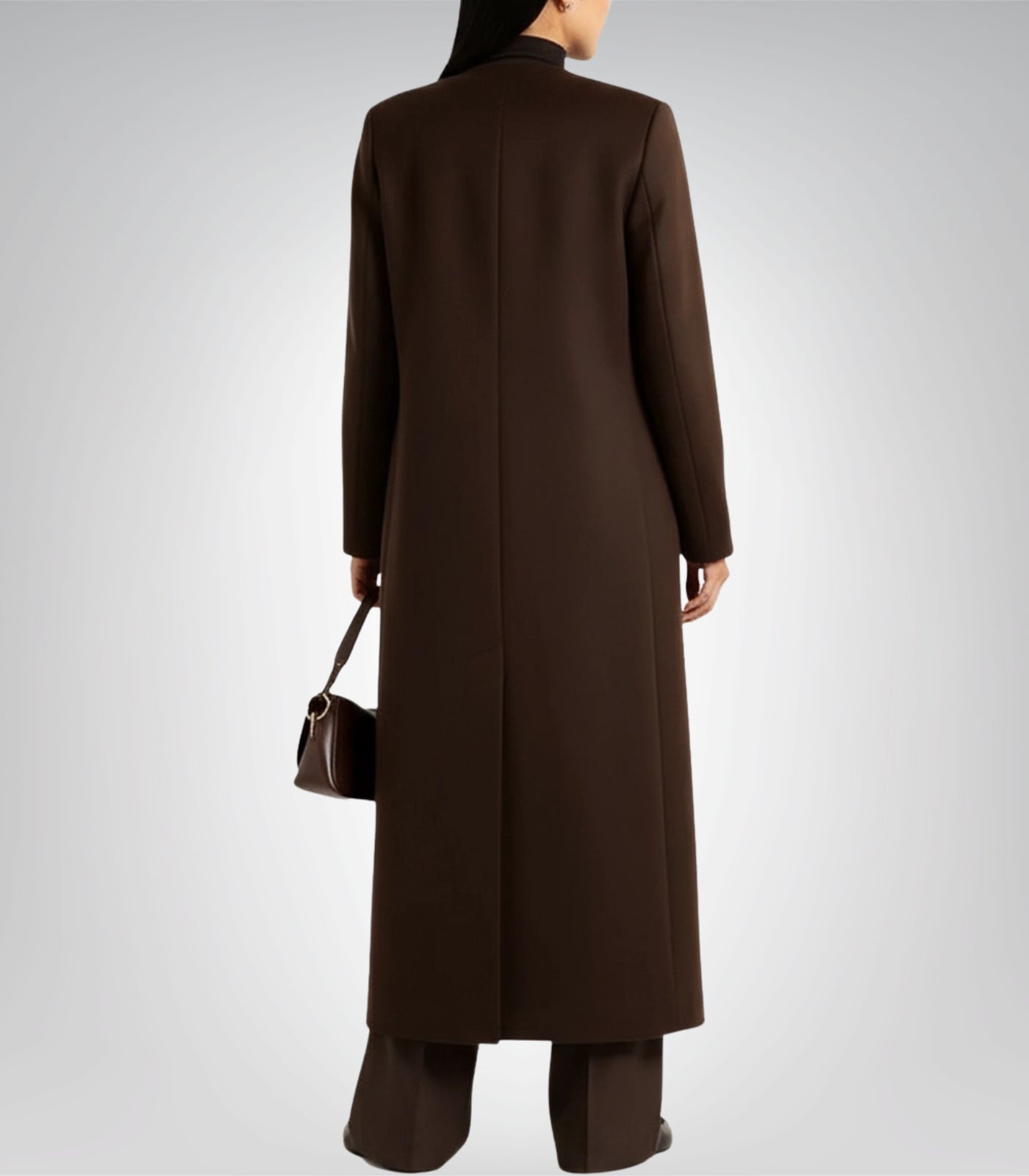 Rosario Runway Women’s Dark Brown Collarless Wool Coat Full-Length Winter Trench