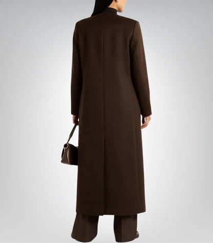 Rosario Runway Women’s Dark Brown Collarless Wool Coat Full-Length Winter Trench