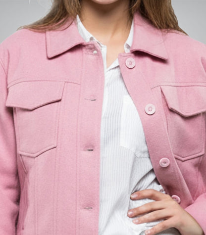Women’s Classic Pink Wool Button-Up Jacket Trucker Style Winter Coat