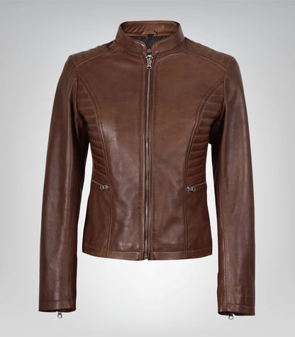 Cognac real waxed leather moto jacket for women