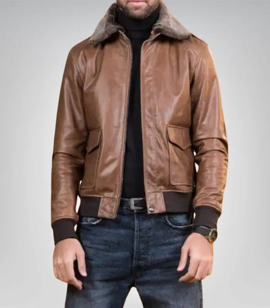 Men’s brown G1 bomber leather jacket with fur collar – genuine cowhide aviator style