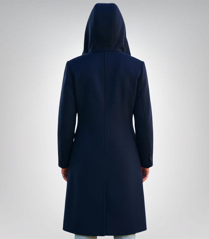 Evelyn Women’s Navy Blue Hooded Wool Coat Relaxed Fit Winter Outerwear
