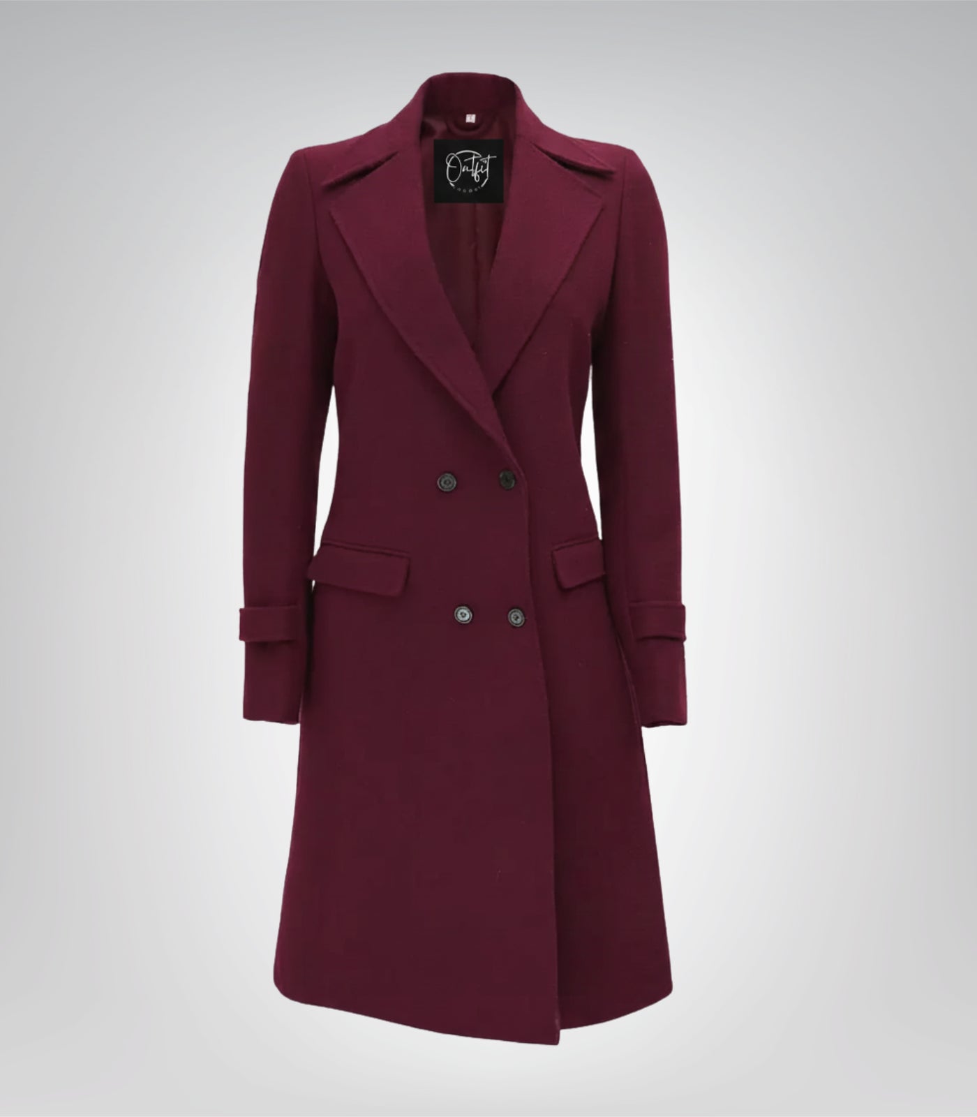Women’s Burgundy Double-Breasted Long Wool Coat Elegant Wrap Trench Style