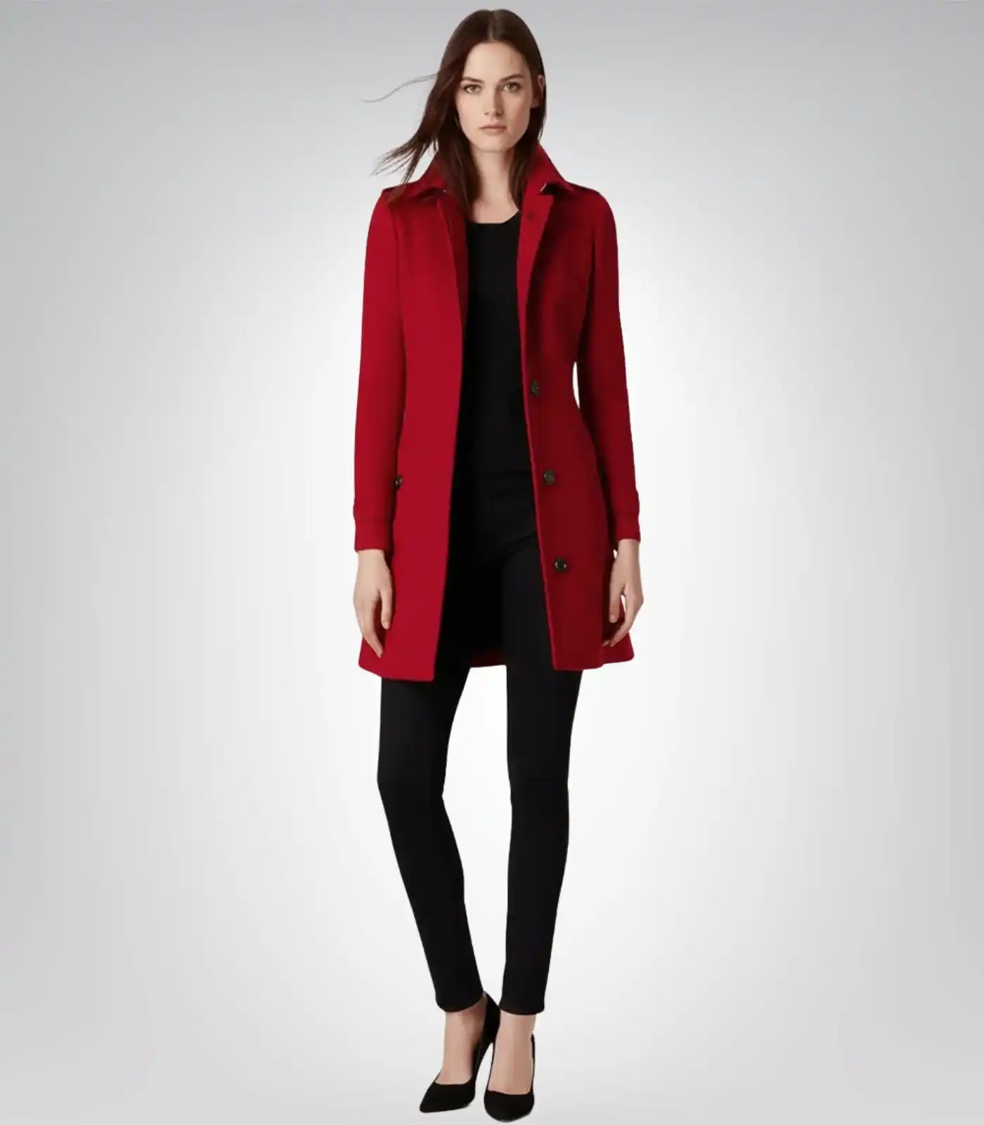 Women’s Red Single-Breasted Wool Coat – 3/4 Length