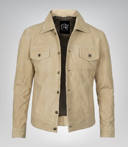 Men’s Classic Camel Real Suede Trucker Jacket Button Front Casual Style