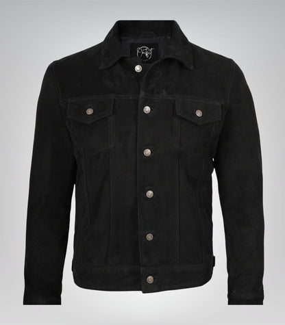 Men’s Classic Black Suede Trucker Jacket Real Suede Button Front Style
