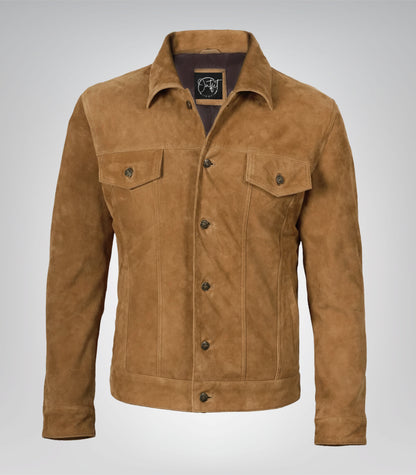 Men’s Real Suede Tan Trucker Jacket Classic Button Front Style