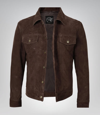 Men’s Real Suede Dark Brown Trucker Jacket Classic Button Front Style