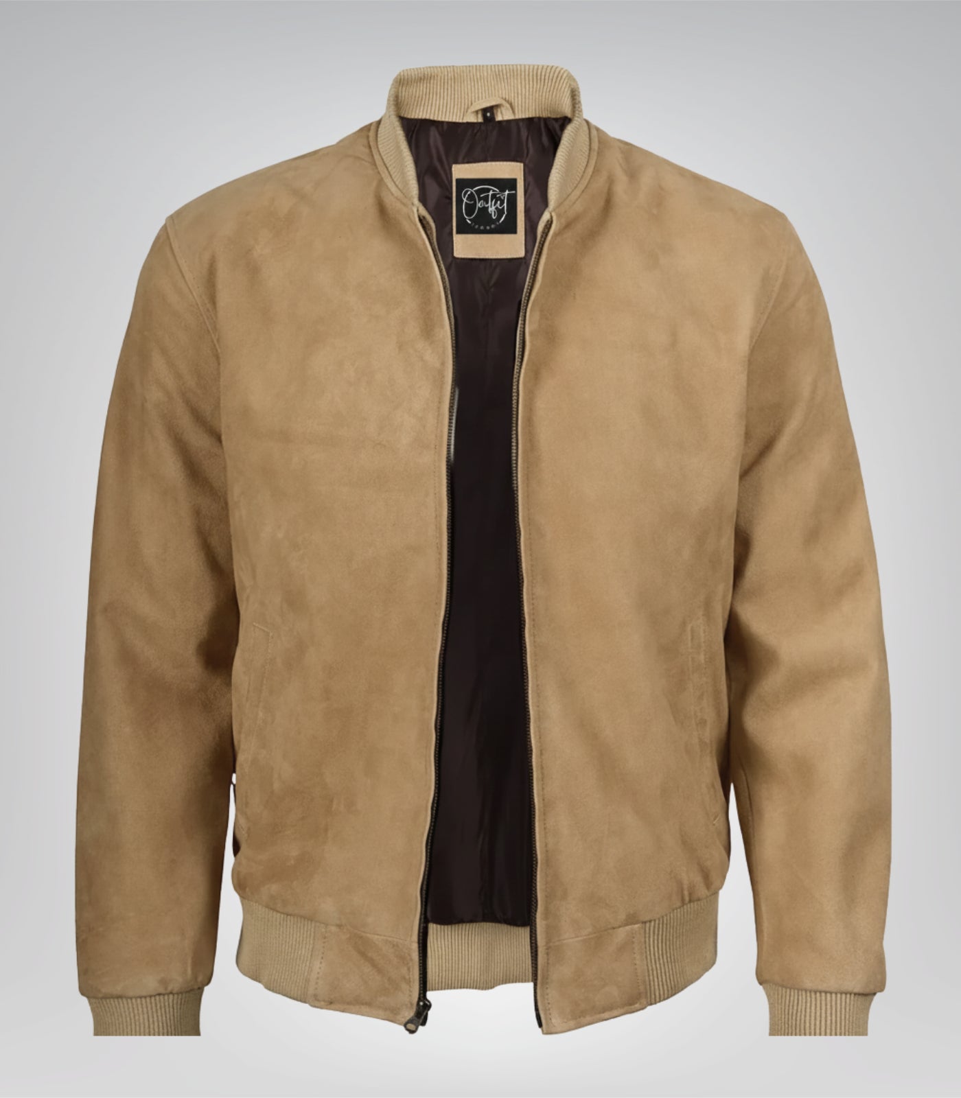 Men’s Camel Brown Real Suede Bomber Jacket Premium Zip Front Style