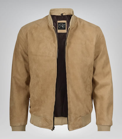 Men’s Camel Brown Real Suede Bomber Jacket Premium Zip Front Style