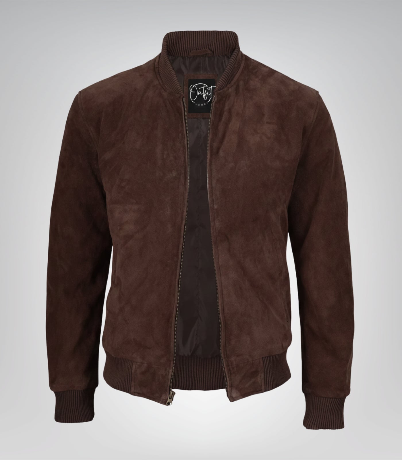 Men’s Dark Brown Real Suede Bomber Jacket Classic Zip Front Style