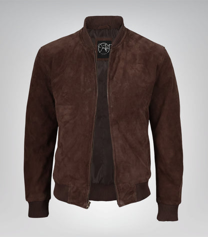 Men’s Dark Brown Real Suede Bomber Jacket Classic Zip Front Style
