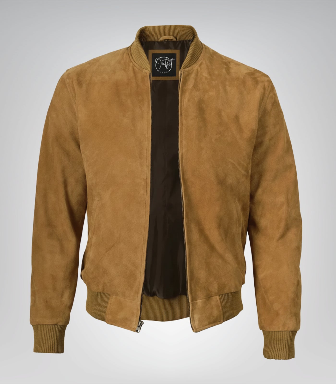Men’s Light Brown Real Suede Bomber Jacket Classic Zip Front Style