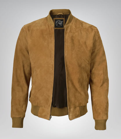 Men’s Light Brown Real Suede Bomber Jacket Classic Zip Front Style