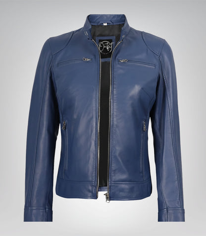 Blue real leather motorcycle jacket for women – modern tailored fit