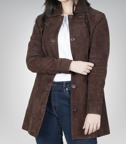 Women’s Dark Brown Suede Button-Down Coat 3/4 Length Real Suede Jacket