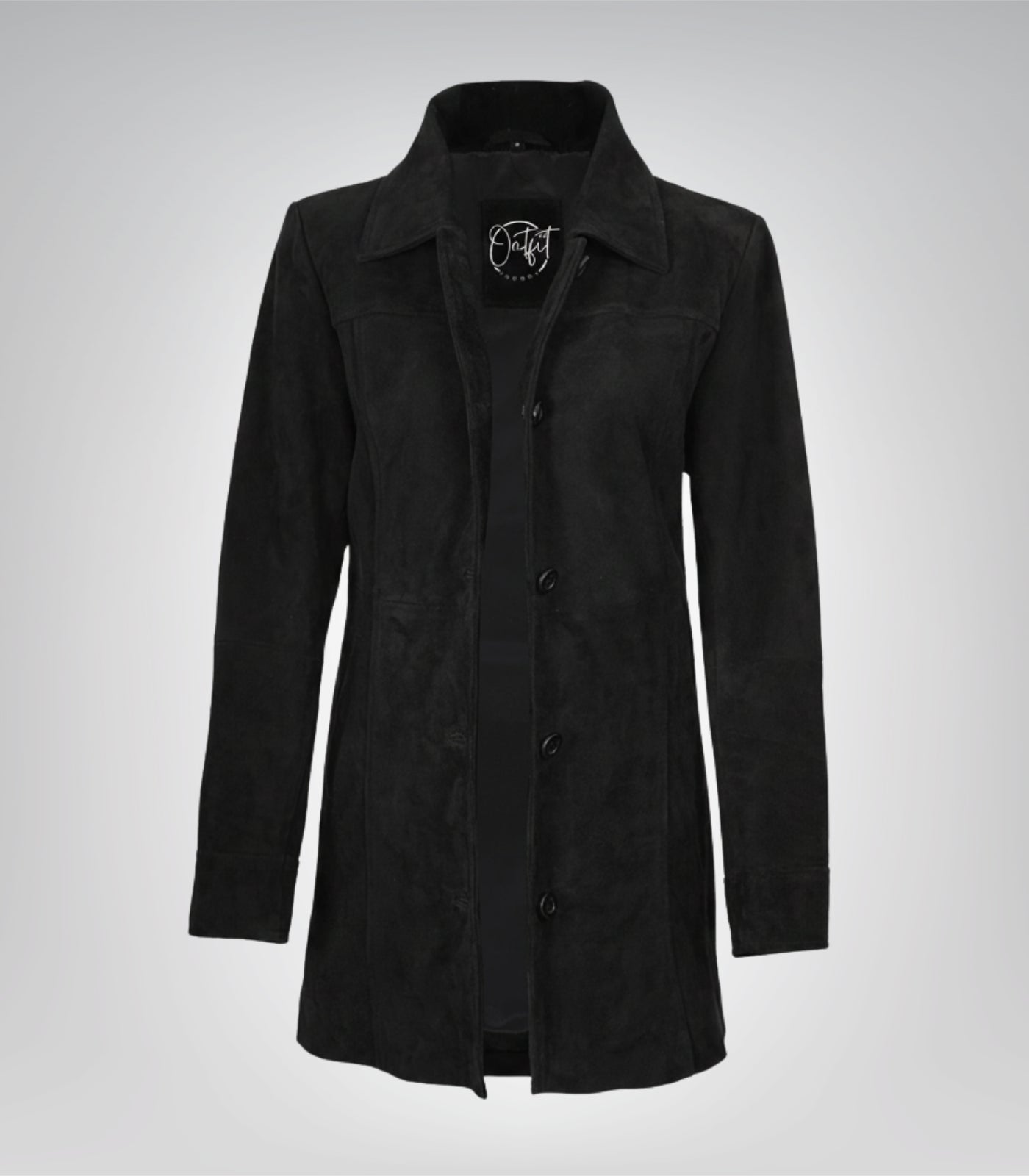 Women’s Black Suede Button-Down Coat 3/4 Length Real Suede Jacket