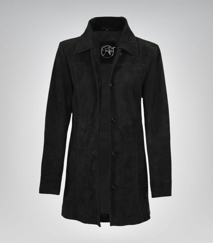 Women’s Black Suede Button-Down Coat 3/4 Length Real Suede Jacket
