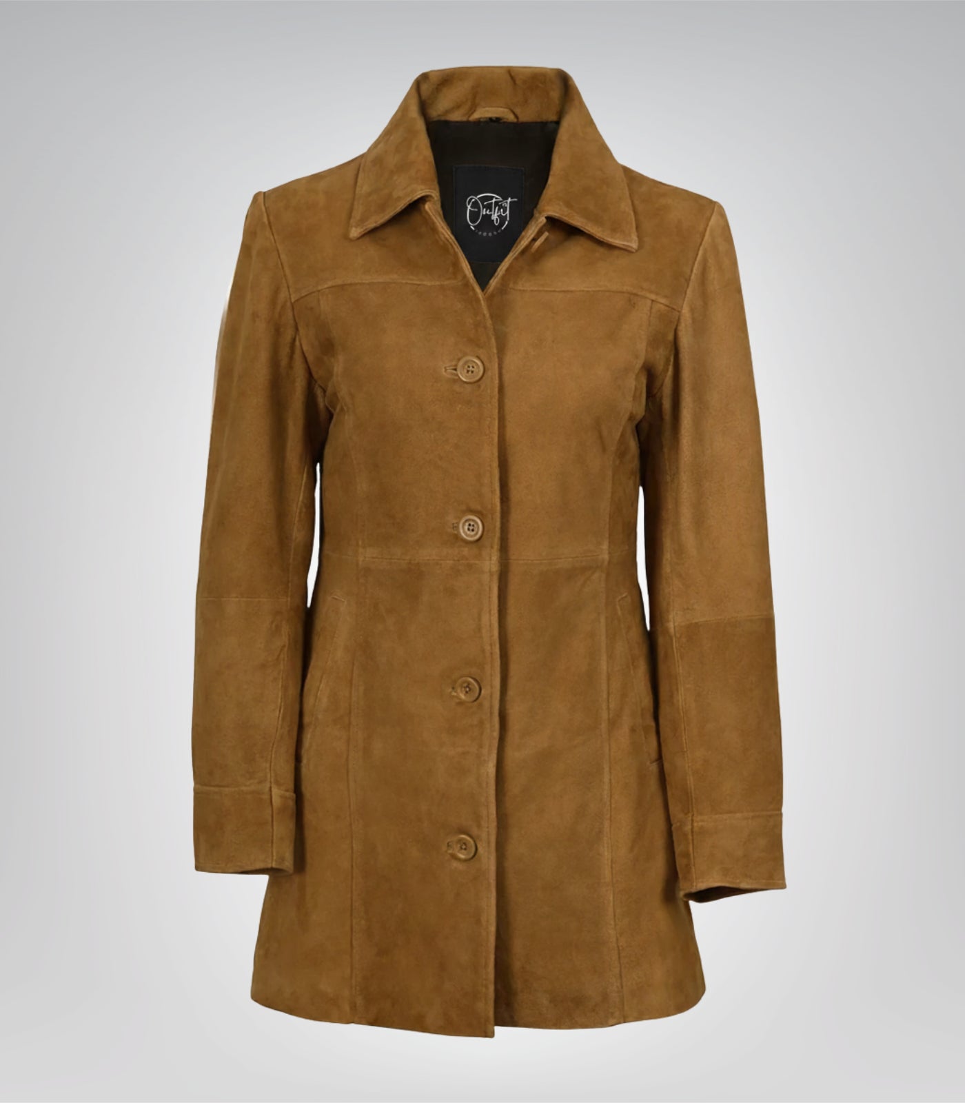 Women’s 3/4 Length Camel Brown Suede Button-Down Coat Real Suede Jacket