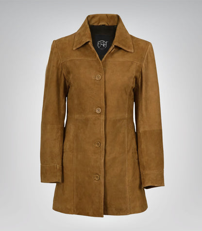 Women’s 3/4 Length Camel Brown Suede Button-Down Coat Real Suede Jacket