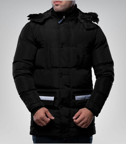 Melvin Long Men’s Black Puffer Jacket Insulated Winter Coat with Faux Fur Trim Hood, Water &amp; Wind Resistant