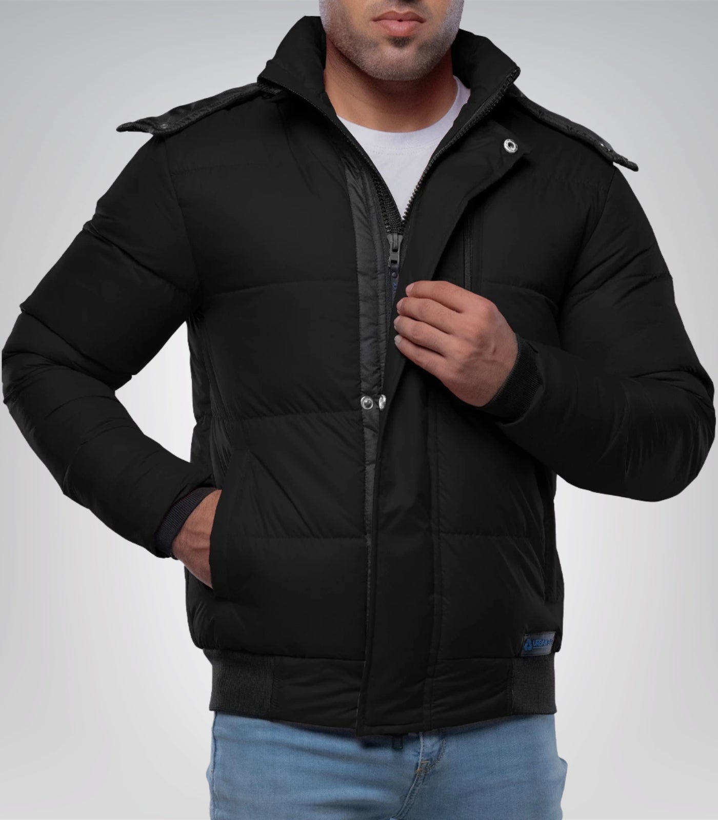 Desmond Men’s Black Puffer Jacket with Faux Fur Hood Lightweight Water-Resistant Winter Coat